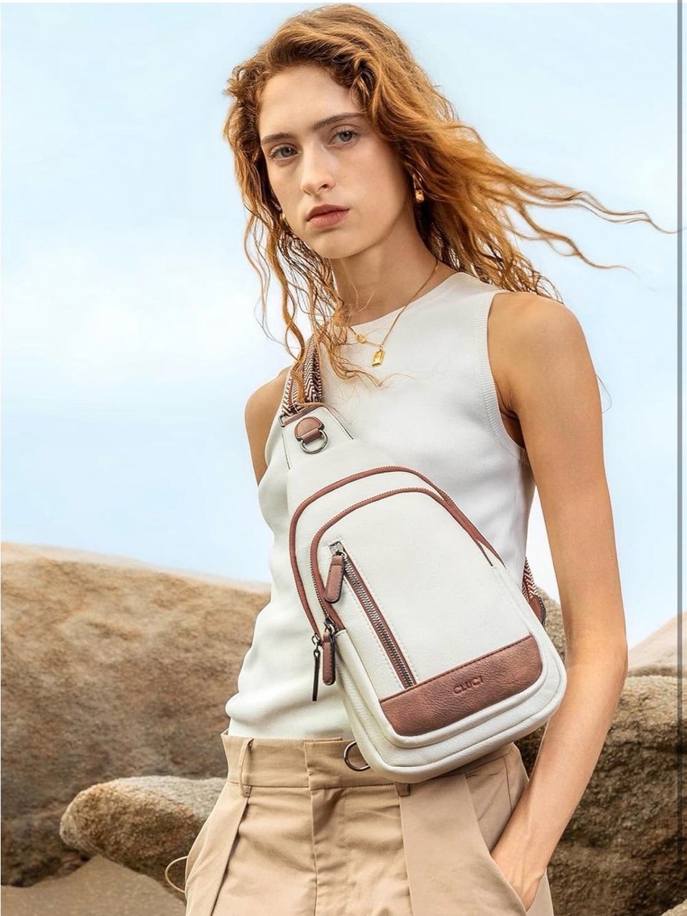 CLUCI Leather Sling Crossbody Backpack White Brown